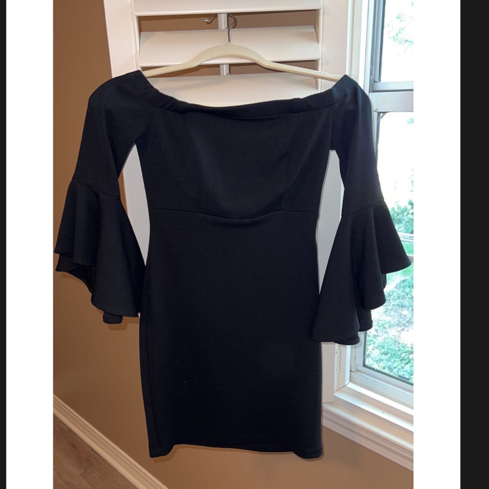 Black off the shoulder dress from Dillards.